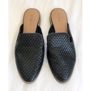 Black woven leather slides flat shoes